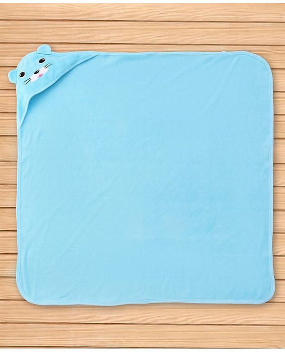 Babyhug Cotton Knit Hooded Wrapper With Animal Face Embroidery & Ear Applique L 82 x B 77 cm - Blue