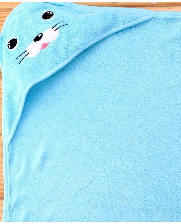 Babyhug Cotton Knit Hooded Wrapper With Animal Face Embroidery & Ear Applique L 82 x B 77 cm - Blue