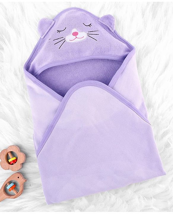 Babyhug Cotton Knit Hooded Wrapper With Animal Embroidery  L 81 x B 81 cm - Lavender