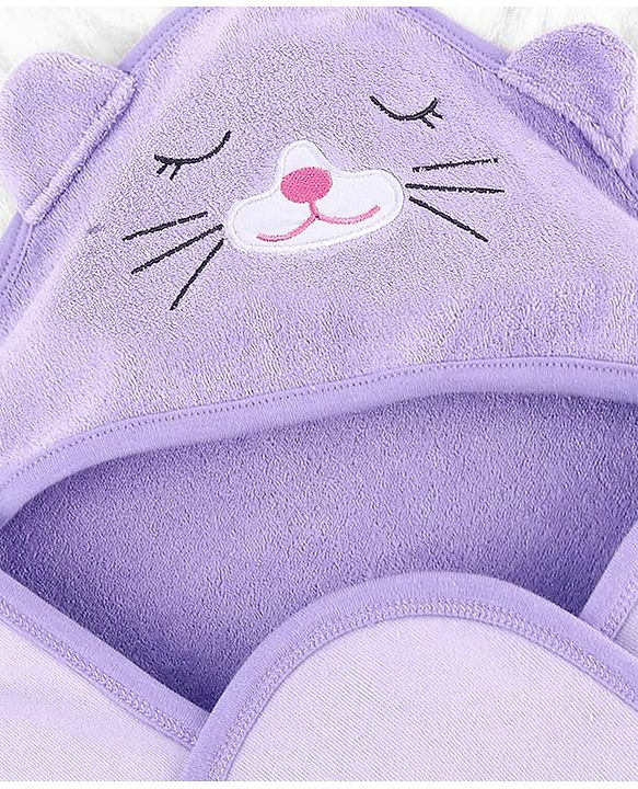 Babyhug Cotton Knit Hooded Wrapper With Animal Embroidery  L 81 x B 81 cm - Lavender