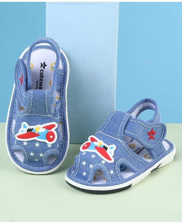 Cute Walk by Babyhug Sandals With Velcro Closure & Aeroplane Applique - Light Blue