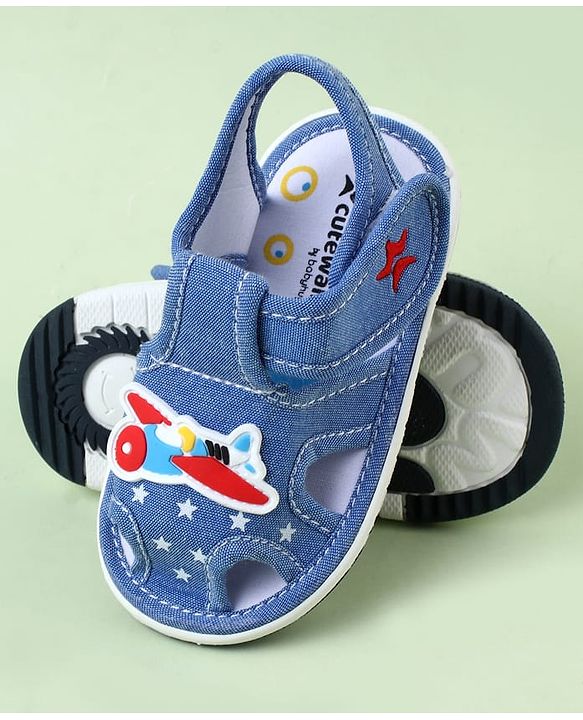 Cute Walk by Babyhug Sandals With Velcro Closure & Aeroplane Applique - Light Blue