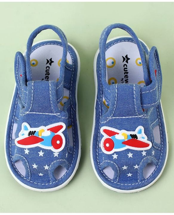 Cute Walk by Babyhug Sandals With Velcro Closure & Aeroplane Applique - Light Blue