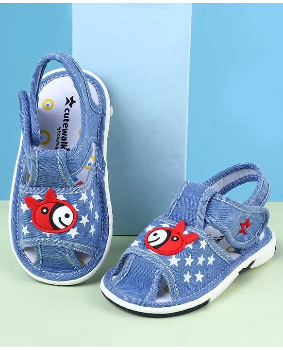 Cute Walk by Babyhug Velcro Closure Sandals with Star Print & Horse Applique - Light Blue