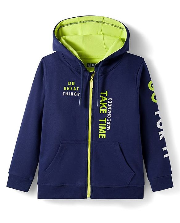 Pine Kids Cotton Knit Full Sleeves Hooded Sweatjacket With Text Print & Kangaroo Pockets - Navy Blue