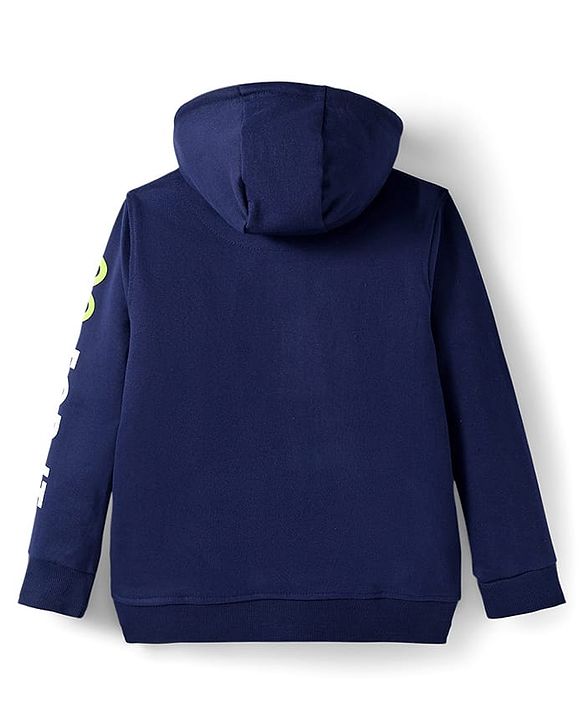 Pine Kids Cotton Knit Full Sleeves Hooded Sweatjacket With Text Print & Kangaroo Pockets - Navy Blue