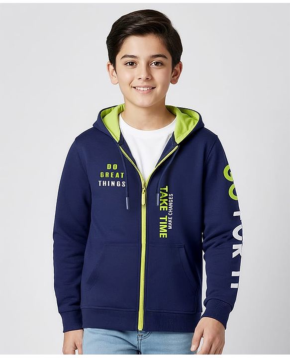 Pine Kids Cotton Knit Full Sleeves Hooded Sweatjacket With Text Print & Kangaroo Pockets - Navy Blue