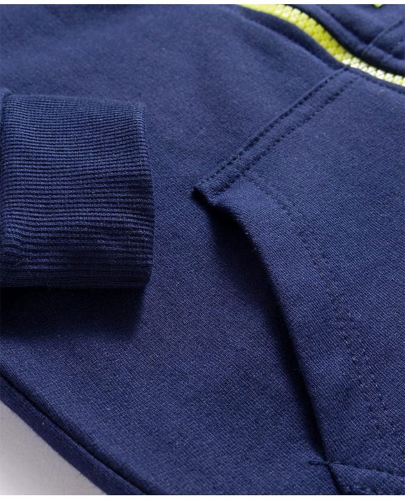Pine Kids Cotton Knit Full Sleeves Hooded Sweatjacket With Text Print & Kangaroo Pockets - Navy Blue