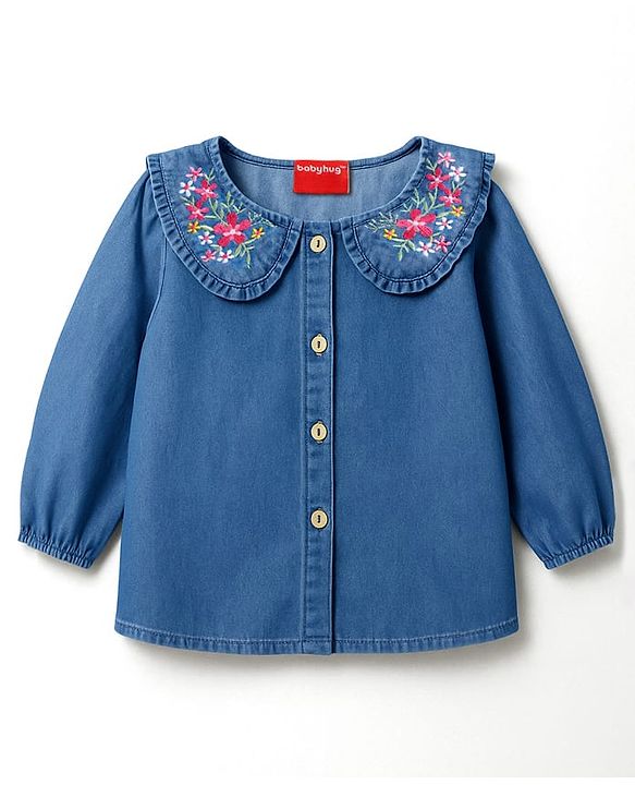 Babyhug Woven Full Sleeves Peter Pan Collar Front Open Denim Top With Floral Embroidery - Blue