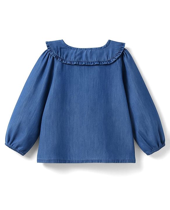 Babyhug Woven Full Sleeves Peter Pan Collar Front Open Denim Top With Floral Embroidery - Blue