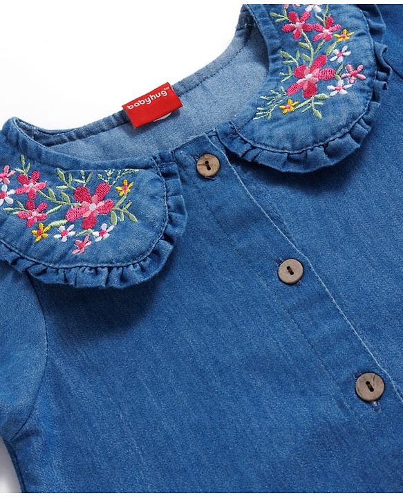 Babyhug Woven Full Sleeves Peter Pan Collar Front Open Denim Top With Floral Embroidery - Blue