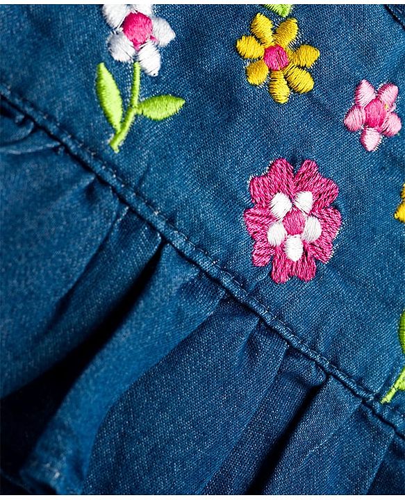 Babyhug Woven Denim Full Sleeves Top with Floral Embroidery & Frill Detailing- Blue