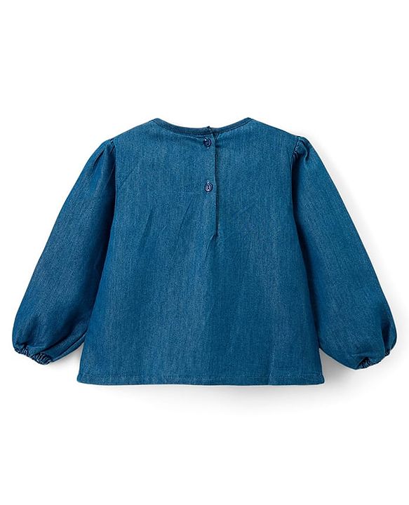 Babyhug Woven Denim Full Sleeves Top with Floral Embroidery & Frill Detailing- Blue