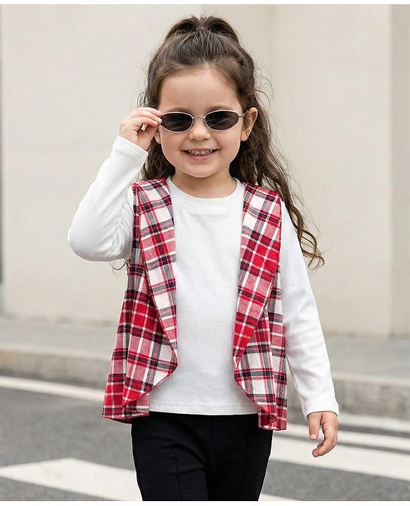 Babyhug 100% Cotton Knit Full Sleeves Top With Attached Checks Shrug - Red & White