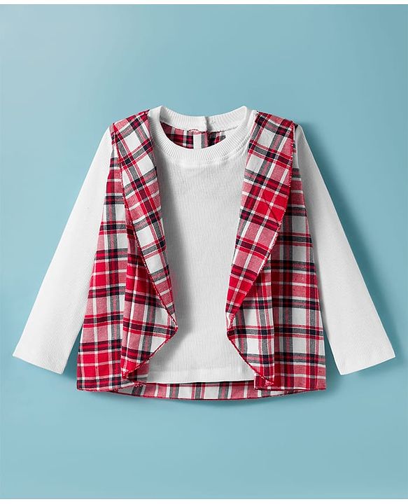 Babyhug 100% Cotton Knit Full Sleeves Top With Attached Checks Shrug - Red & White