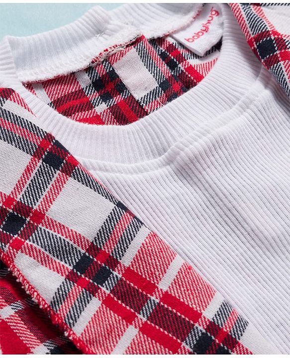 Babyhug 100% Cotton Knit Full Sleeves Top With Attached Checks Shrug - Red & White