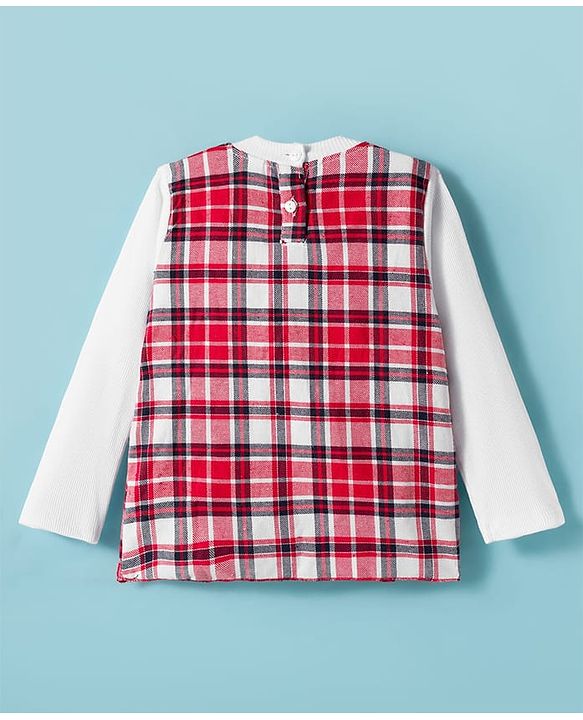 Babyhug 100% Cotton Knit Full Sleeves Top With Attached Checks Shrug - Red & White