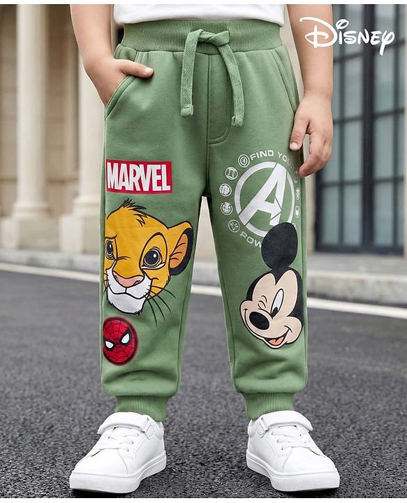 Babyhug Disney Single Jersey Knit Full Length Lounge Pant With Disney Character Graphics - Olive Green