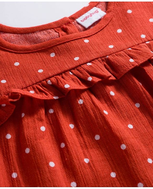 Babyhug 100% Cotton Woven Top with Polka Dot & Frill Detailing- Rust Orange
