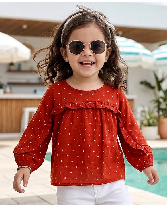 Babyhug 100% Cotton Woven Top with Polka Dot & Frill Detailing- Rust Orange