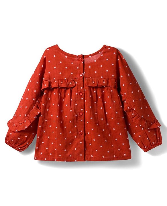 Babyhug 100% Cotton Woven Top with Polka Dot & Frill Detailing- Rust Orange