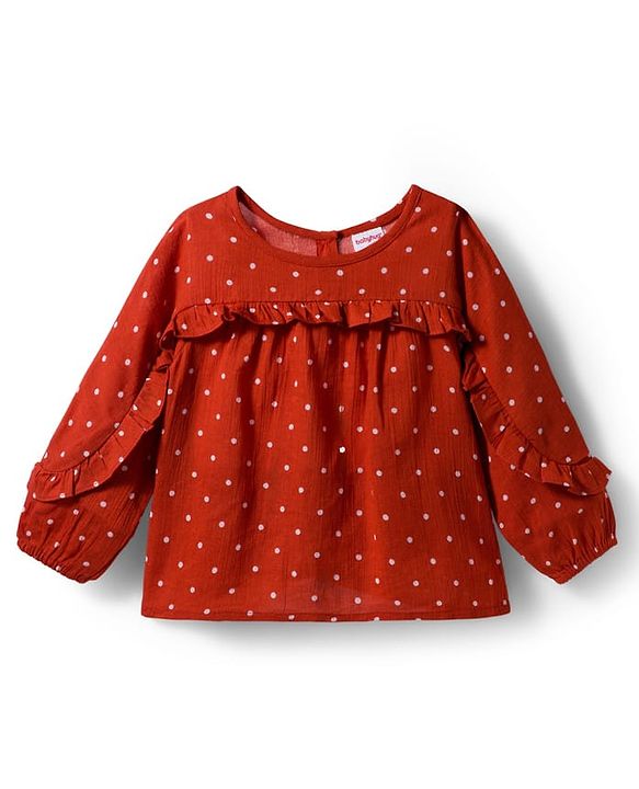 Babyhug 100% Cotton Woven Top with Polka Dot & Frill Detailing- Rust Orange