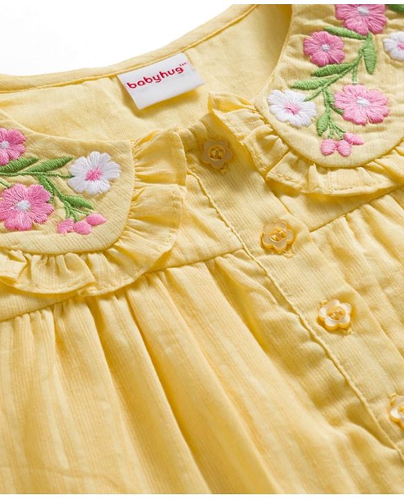 Babyhug 100% Cotton Knit Full Sleeves Top with Floral Embroidery - Yellow