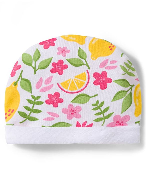 Babyhug 100% Cotton Knit Cap Mittens And Booties with Floral Print White - 10.5 cm Diameter