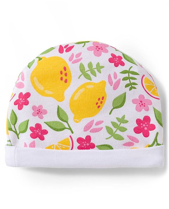Babyhug 100% Cotton Knit Cap Mittens And Booties with Floral Print White - 10.5 cm Diameter