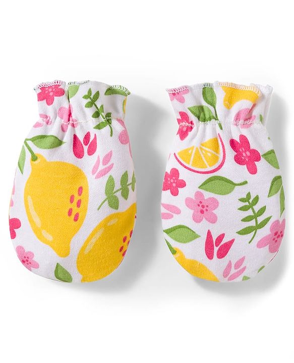 Babyhug 100% Cotton Knit Cap Mittens And Booties with Floral Print White - 10.5 cm Diameter