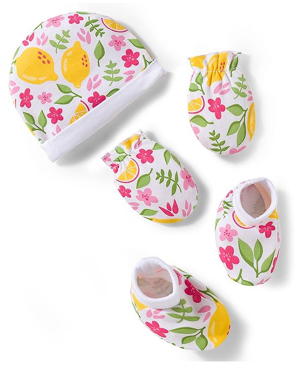 Babyhug 100% Cotton Knit Cap Mittens And Booties with Floral Print White - 10.5 cm Diameter