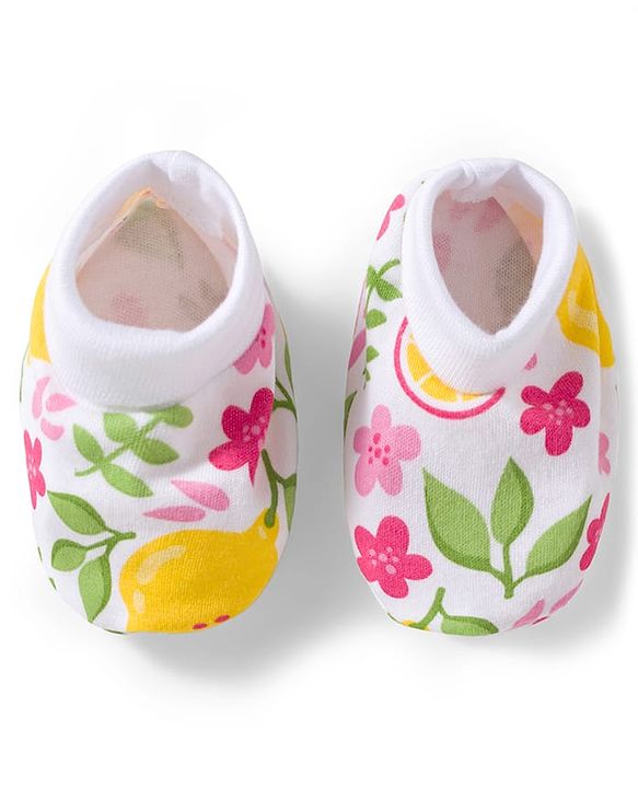 Babyhug 100% Cotton Knit Cap Mittens And Booties with Floral Print White - 10.5 cm Diameter