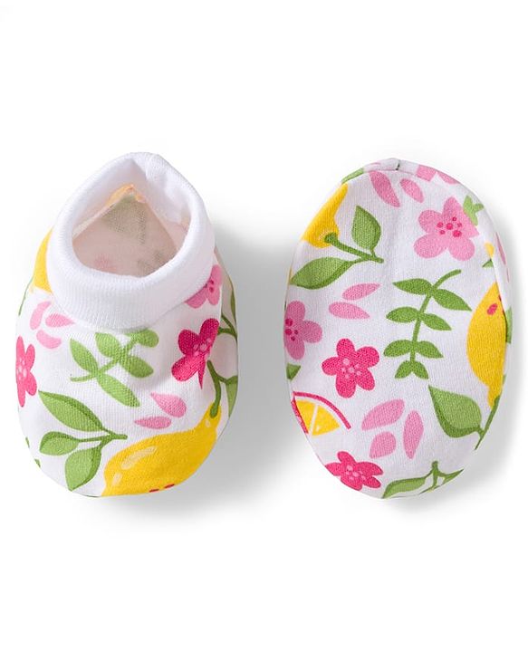 Babyhug 100% Cotton Knit Cap Mittens And Booties with Floral Print White - 10.5 cm Diameter
