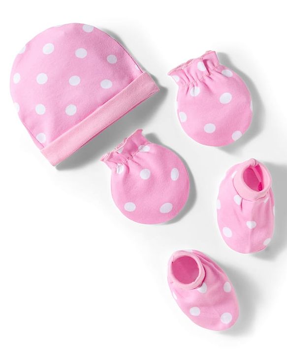 Babyhug 100% Cotton Knit Cap Mittens & Booties With Polka Dot Print Pink - Diameter 11 cm