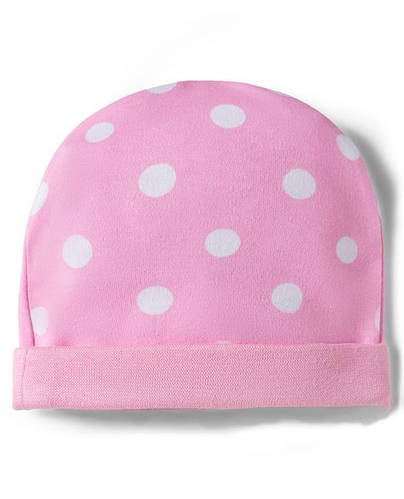 Babyhug 100% Cotton Knit Cap Mittens & Booties With Polka Dot Print Pink - Diameter 11 cm
