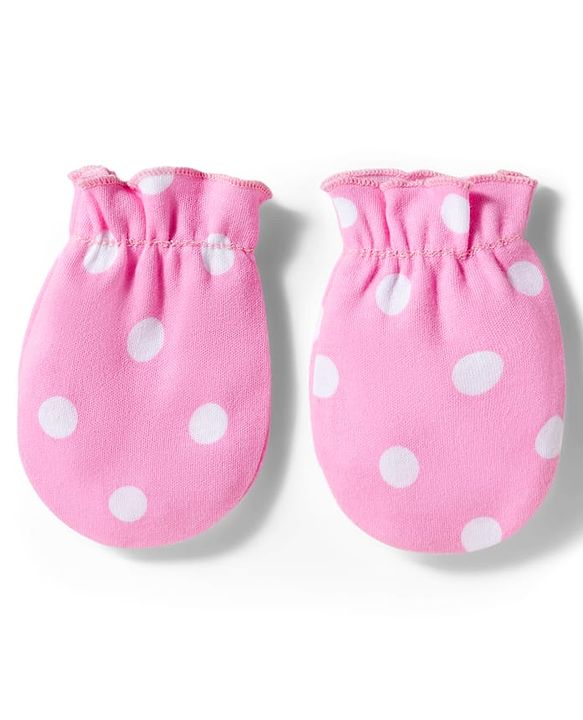 Babyhug 100% Cotton Knit Cap Mittens & Booties With Polka Dot Print Pink - Diameter 11 cm