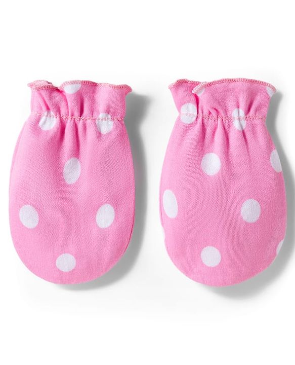 Babyhug 100% Cotton Knit Cap Mittens & Booties With Polka Dot Print Pink - Diameter 11 cm