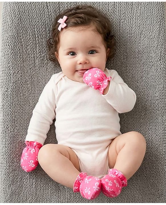 Babyhug 100% Cotton Knit Mittens & Booties Set with Bow Print - Pink