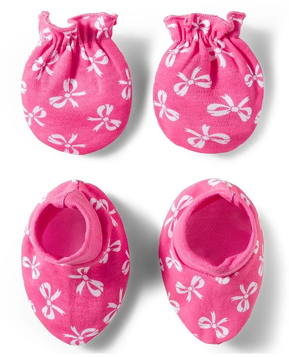 Babyhug 100% Cotton Knit Mittens & Booties Set with Bow Print - Pink
