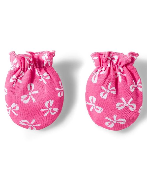 Babyhug 100% Cotton Knit Mittens & Booties Set with Bow Print - Pink