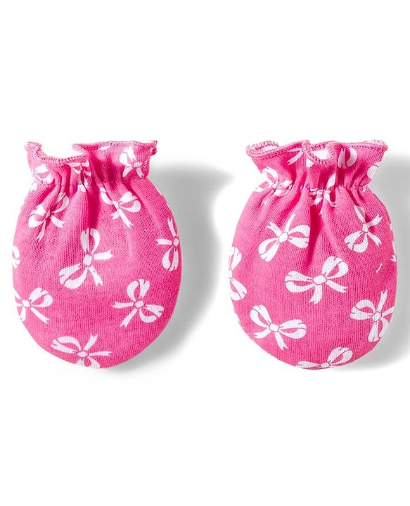 Babyhug 100% Cotton Knit Mittens & Booties Set with Bow Print - Pink