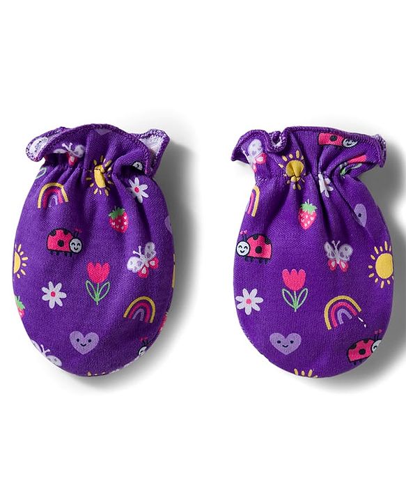 Babyhug 100% Cotton Interlock Knit Mittens & Booties Set With Floral Print - Purple