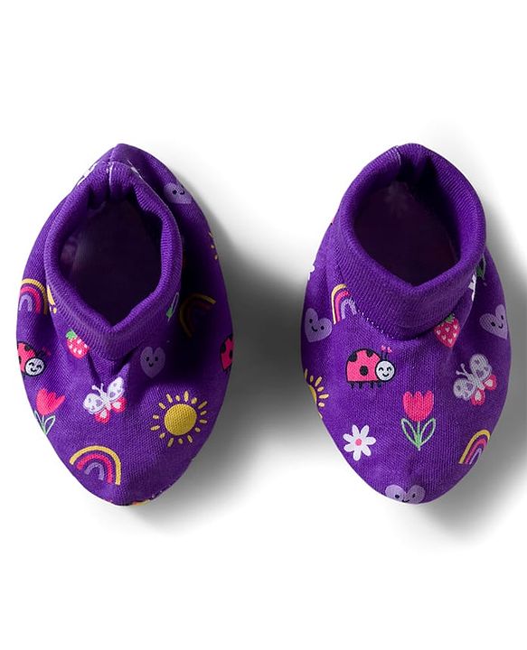 Babyhug 100% Cotton Interlock Knit Mittens & Booties Set With Floral Print - Purple