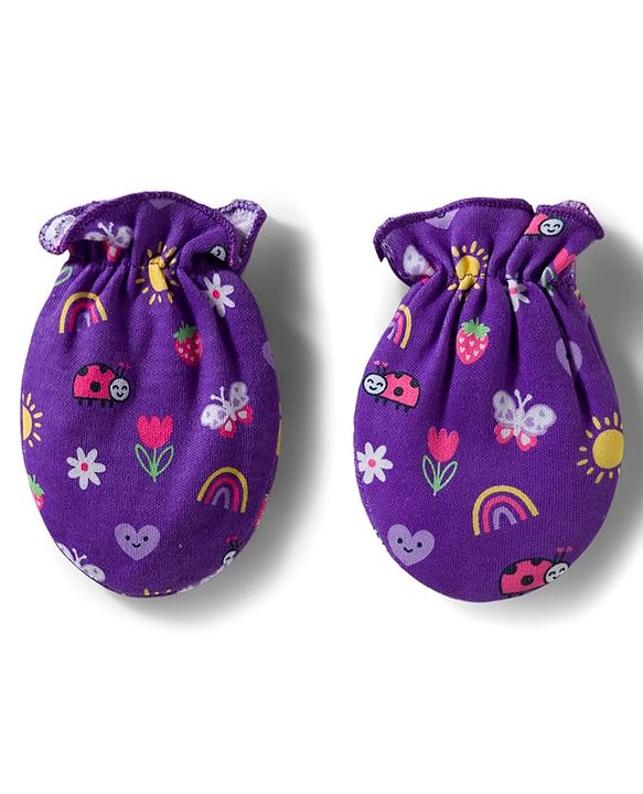 Babyhug 100% Cotton Interlock Knit Mittens & Booties Set With Floral Print - Purple