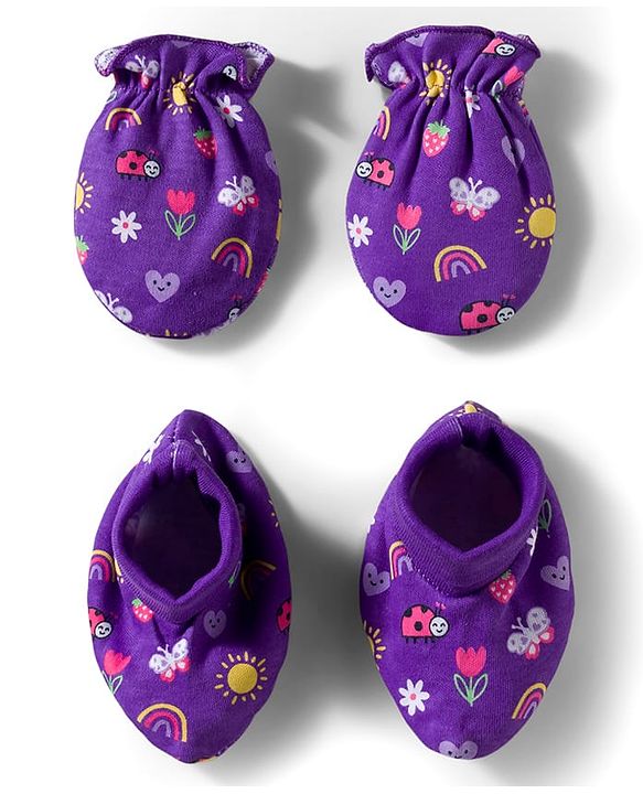 Babyhug 100% Cotton Interlock Knit Mittens & Booties Set With Floral Print - Purple