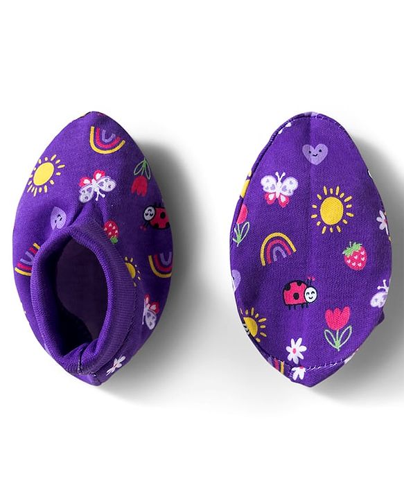 Babyhug 100% Cotton Interlock Knit Mittens & Booties Set With Floral Print - Purple