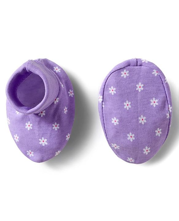 Babyhug 100% Cotton Knit Mittens & Booties Set with Floral Print - Purple