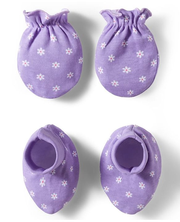 Babyhug 100% Cotton Knit Mittens & Booties Set with Floral Print - Purple
