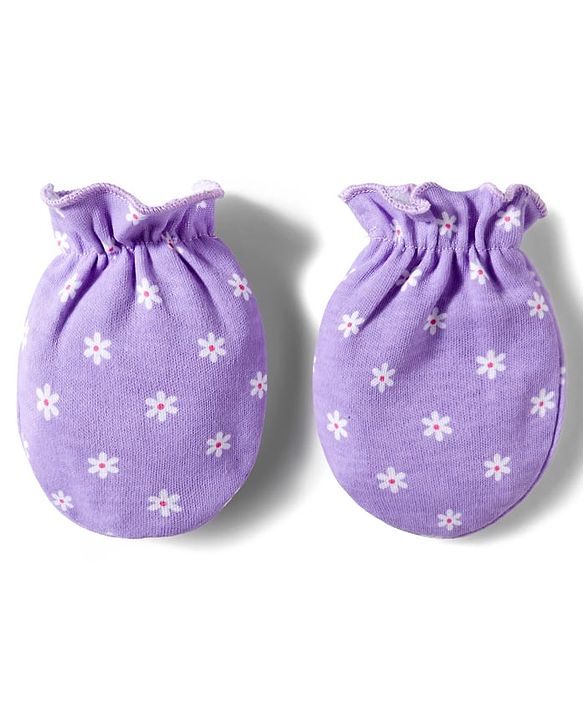 Babyhug 100% Cotton Knit Mittens & Booties Set with Floral Print - Purple