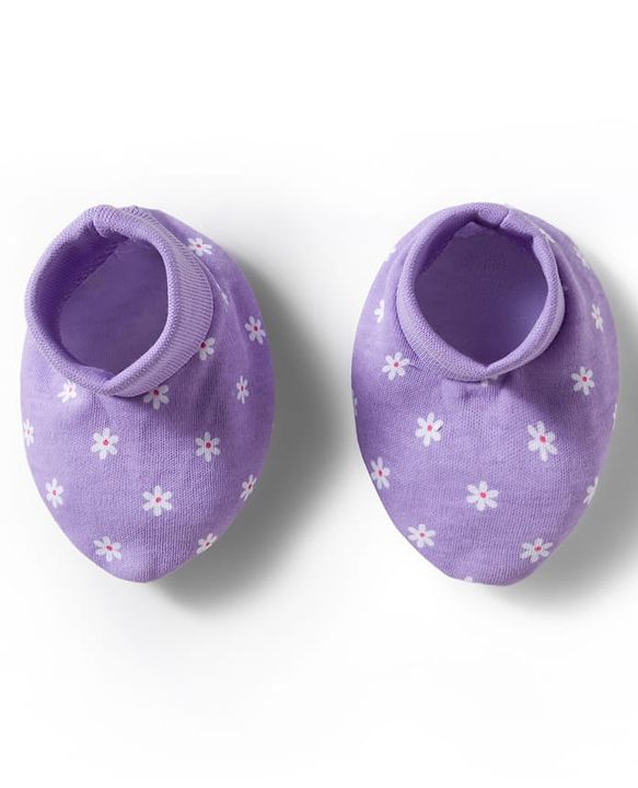 Babyhug 100% Cotton Knit Mittens & Booties Set with Floral Print - Purple